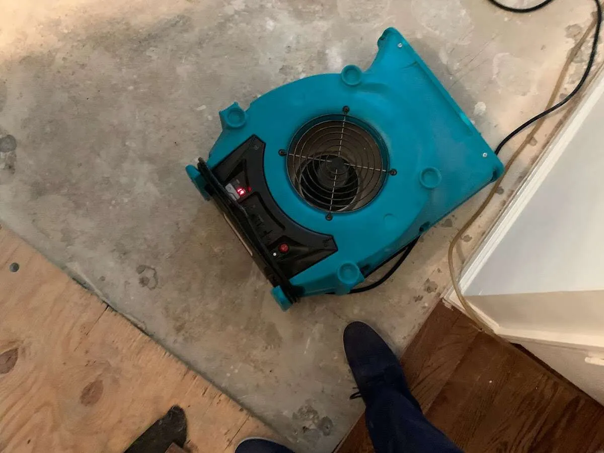 Air mover drying subfloor during Commercial Water Damage Restoration in Wasilla